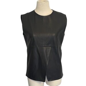 OAK NYC Black Leather Sleeveless Asymmetrical‎ Front Panel Top XS